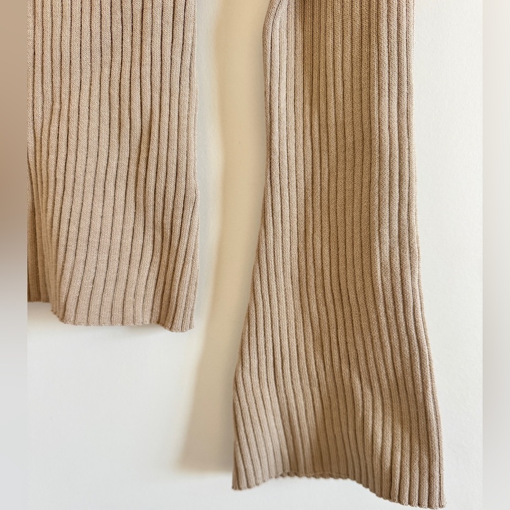 Ribbed V-Neck Tan Sweetheart Neck Contrast Trim Sweater,Long Sleeve Tops S - Picture 5 of 8